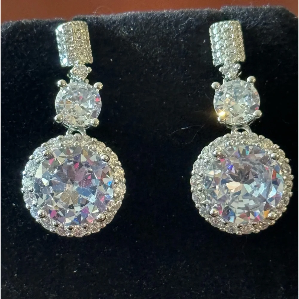6 Ct T.W. Round Simulated Diamond Halo Drop Dangle, Beautiful, Bridal Earrings - Picture 9 of 10